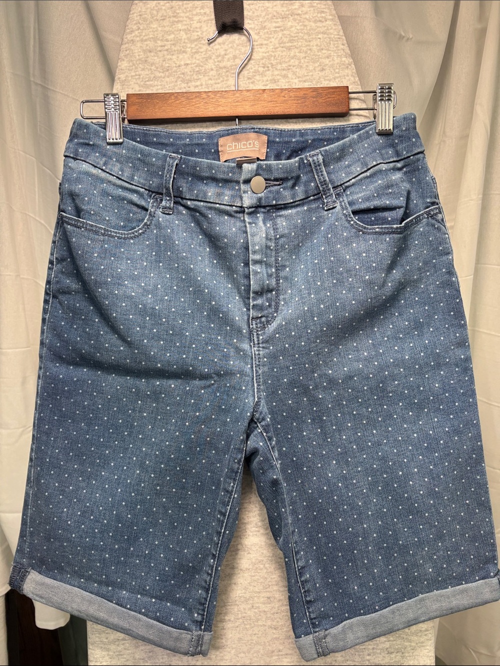 Chico's Blue Polka Dot Denim Bermuda Shorts